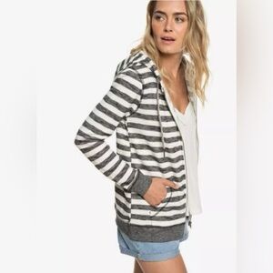 Roxy Trippin Heather Black and White Striped Zip Front Nautical Beach Hoodie